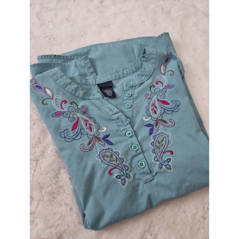Basic Editions Teal Blue Embroidered Henley Top Size Small Paisley Boho 3/4 Slee